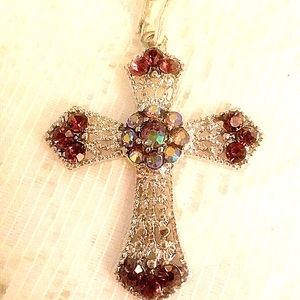 Silver/purple rhinestone cross necklace